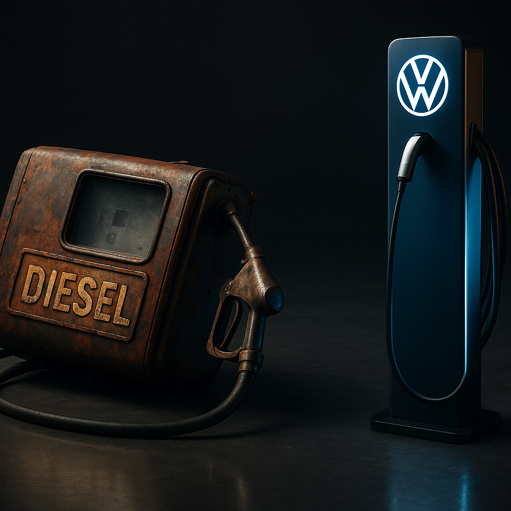 Umgefallene Dieselzapfsäule neben aufrechter Elektro-Ladesäule mit VW- und Tesla-Logo auf dunklem Betonboden.