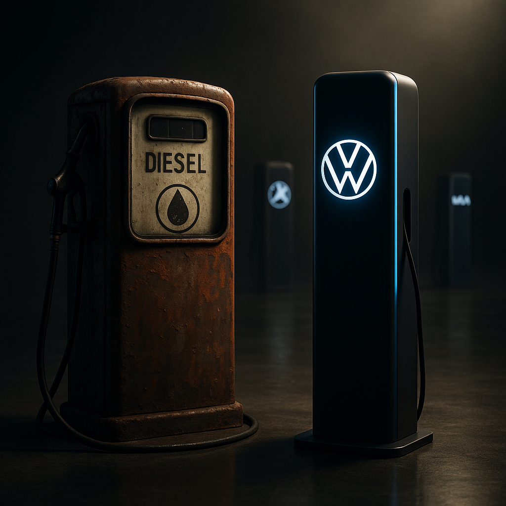 Veraltete Diesel-Zapfsäule neben moderner Elektro-Ladesäule mit Markenlogos auf dunklem Betonboden.