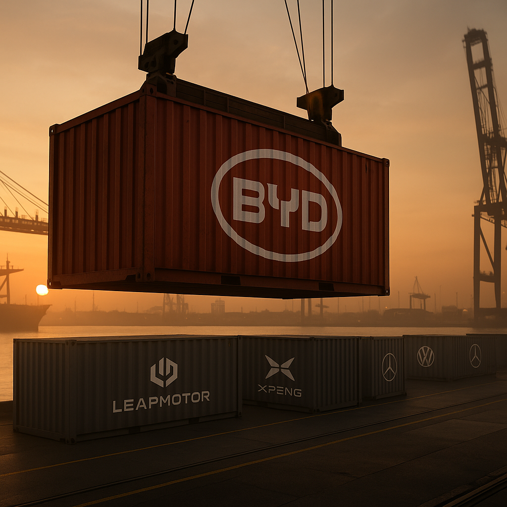 Symbolische Hafenszene mit großem BYD-Container im Vordergrund und kleineren europäischen Marken-Containern im Hintergrund.
